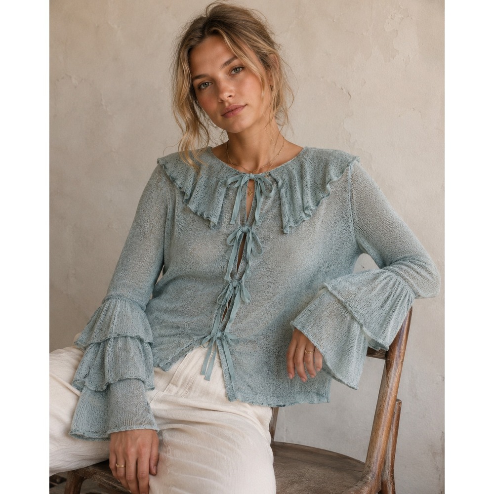 Zara Loose Knit Sweater Sz M Dusty Blue‎ Bows Coquette Fairycore Shabby Chic